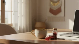 مكتب عمل عليه كوب من القهوة سريعة الذوبان بلون ذهبي، وبجانبه قارورة زجاجية صغيرة من نقيع الزعفران وملعقة