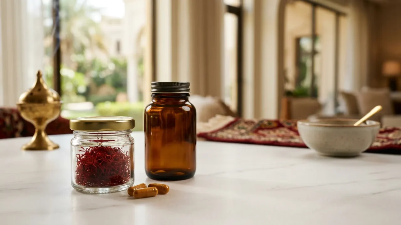 برطمان زجاجي فيه خيوط زعفران إلى جانب قارورة كهرمانية لمكمل غذائي بلا ملصق على سطح خشبي