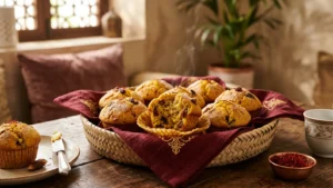 مافن التمر والزعفران في سلة، إحدى الحبات مفتوحة، بإضاءة دافئة