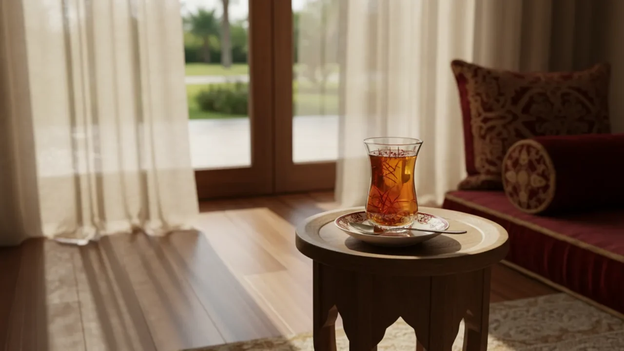 مشهد عصر هادئ وناعس مع كوب شاي بالزعفران على طاولة صغيرة بجانب نافذة