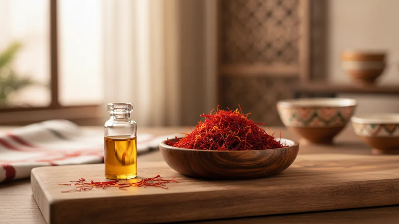مقارنة جنباً إلى جنب بين قارورة زجاجية صغيرة فيها سائل ذهبي وعلبة خيوط زعفران أحمر على سطح خشبي