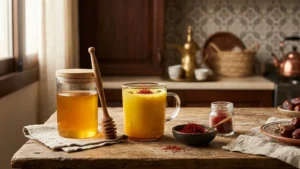 برطمان زجاجي من العسل بملعقة خشبية بجانب كوب حليب دافئ بخيوط الزعفران