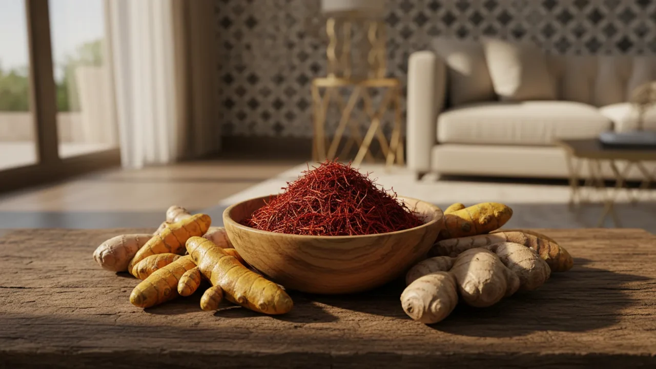 وعاء فيه خيوط زعفران مع جذور الكركم والزنجبيل على طاولة خشبية