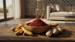 وعاء فيه خيوط زعفران مع جذور الكركم والزنجبيل على طاولة خشبية