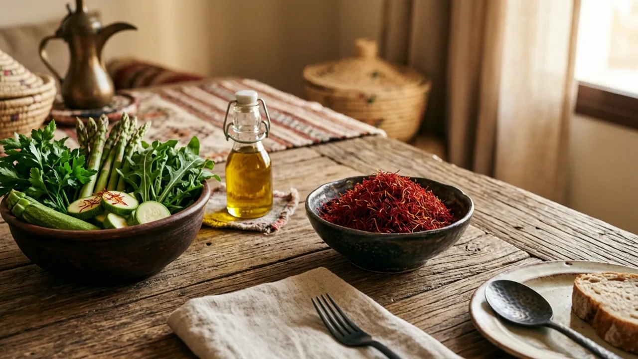 طاولة ريفية عليها وعاء فيه خيوط زعفران حمراء بجانب خضار ورقية خضراء
