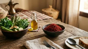 طاولة ريفية عليها وعاء فيه خيوط زعفران حمراء بجانب خضار ورقية خضراء