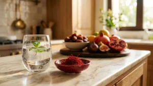 كوب ماء وطبق صغير من خيوط الزعفران على طاولة مطبخ