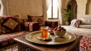 مجلس سعودي عليه كوب شاي بالزعفران مع تمر وخيوط زعفران في صحن صغير