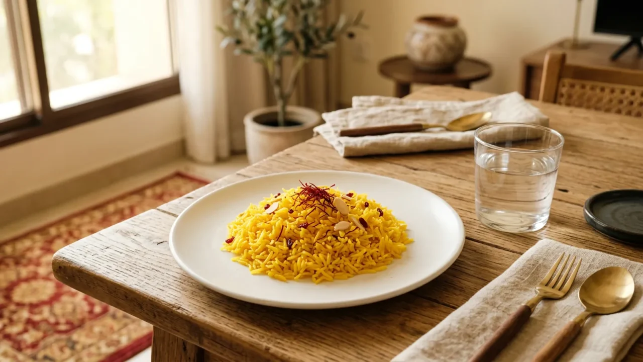 كوب ماء بجانب طبق أبيض فيه حصة صغيرة من أرز بالزعفران وخيوط زعفران حمراء على طاولة خشبية