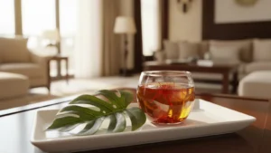 كوب زجاجي صغير من منقوع الزعفران وبجانبه خيوط زعفران على طاولة خشبية