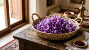 كومة من بتلات زهرة الزعفران البنفسجية الطازجة داخل سلة منسوجة