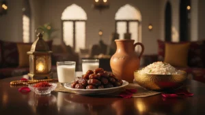 مائدة سحور عليها تمر وحليب وأرز وطبق صغير فيه خيوط زعفران