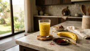 مشهد مطبخ بعد التمرين مع كوب زجاجي من مشروب الزعفران بدلاً من الشيكر وخيوط زعفران بجانبه