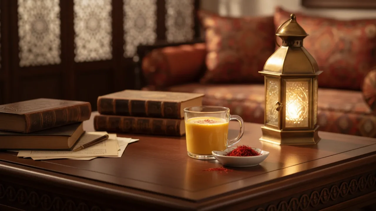 مكتب دراسة عليه كتب وكوب حليب دافئ بالزعفران وطبق صغير من التمر وخيوط زعفران حمراء