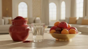 علبة زعفران زجاجية بجانب كوب ماء وخيوط زعفران على طاولة مطبخ هادئة، بترتيب متوازن يرمز إلى الاستخدام الغذائي المعتدل
