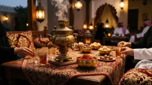 سماور نحاسي على طاولة مع أكواب شاي صغيرة وخيوط زعفران