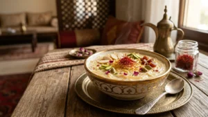 طبق شعيرية بالحليب والزعفران مزيّن بالمكسرات والفستق في وعاء على مائدة العيد